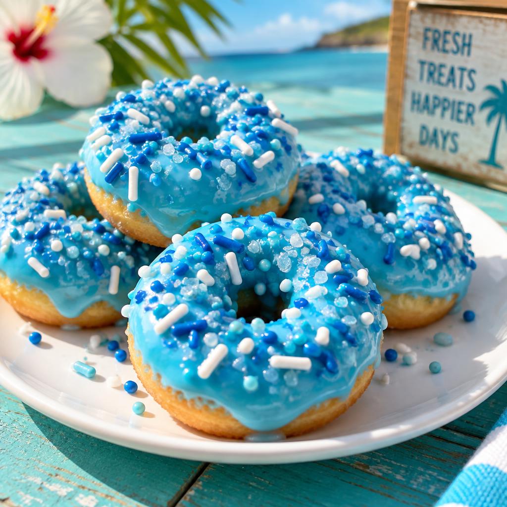 Mini donuts with bright blue raspberry glaze and blue and white sprinkles