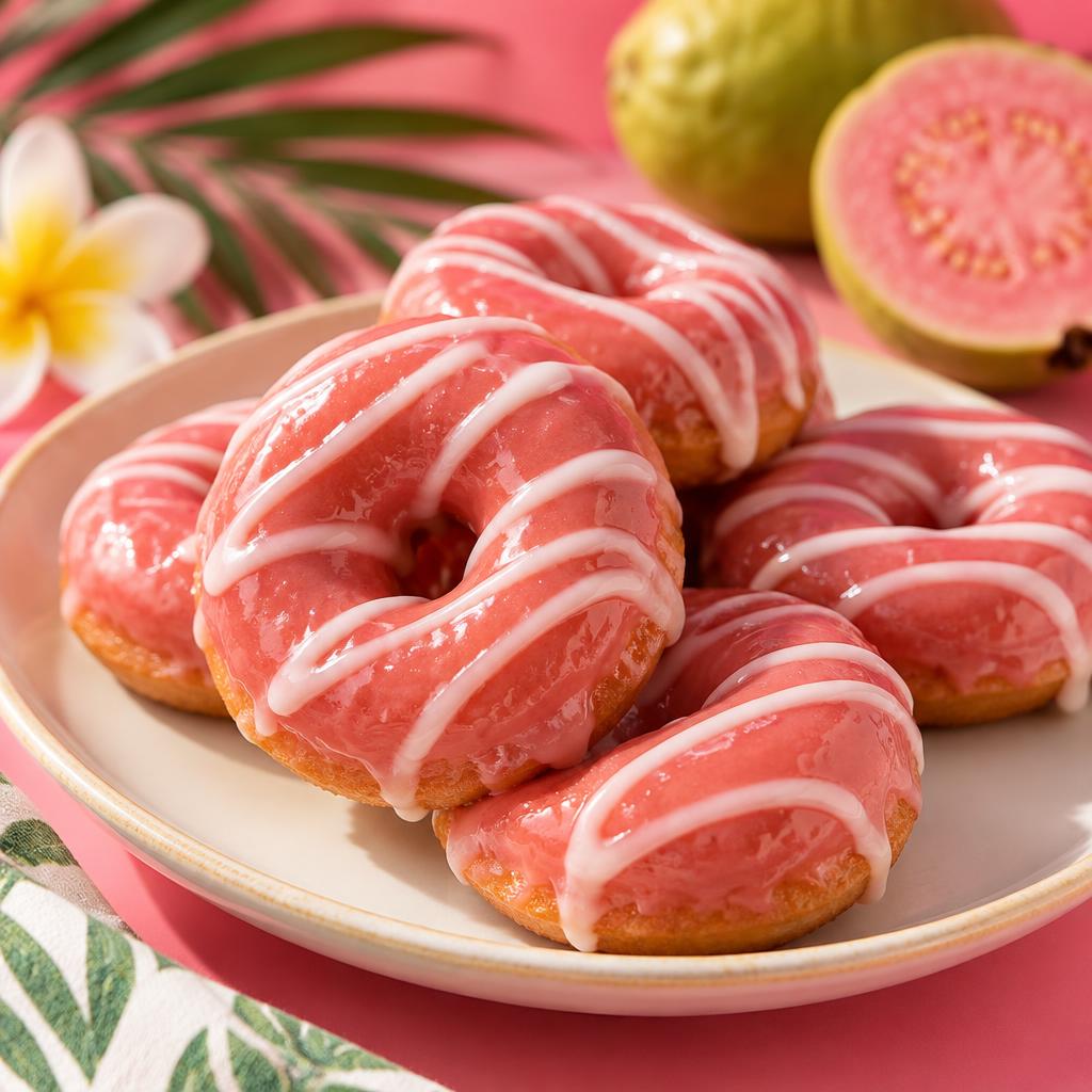 Mini donuts with pink guava glaze and white vanilla drizzle