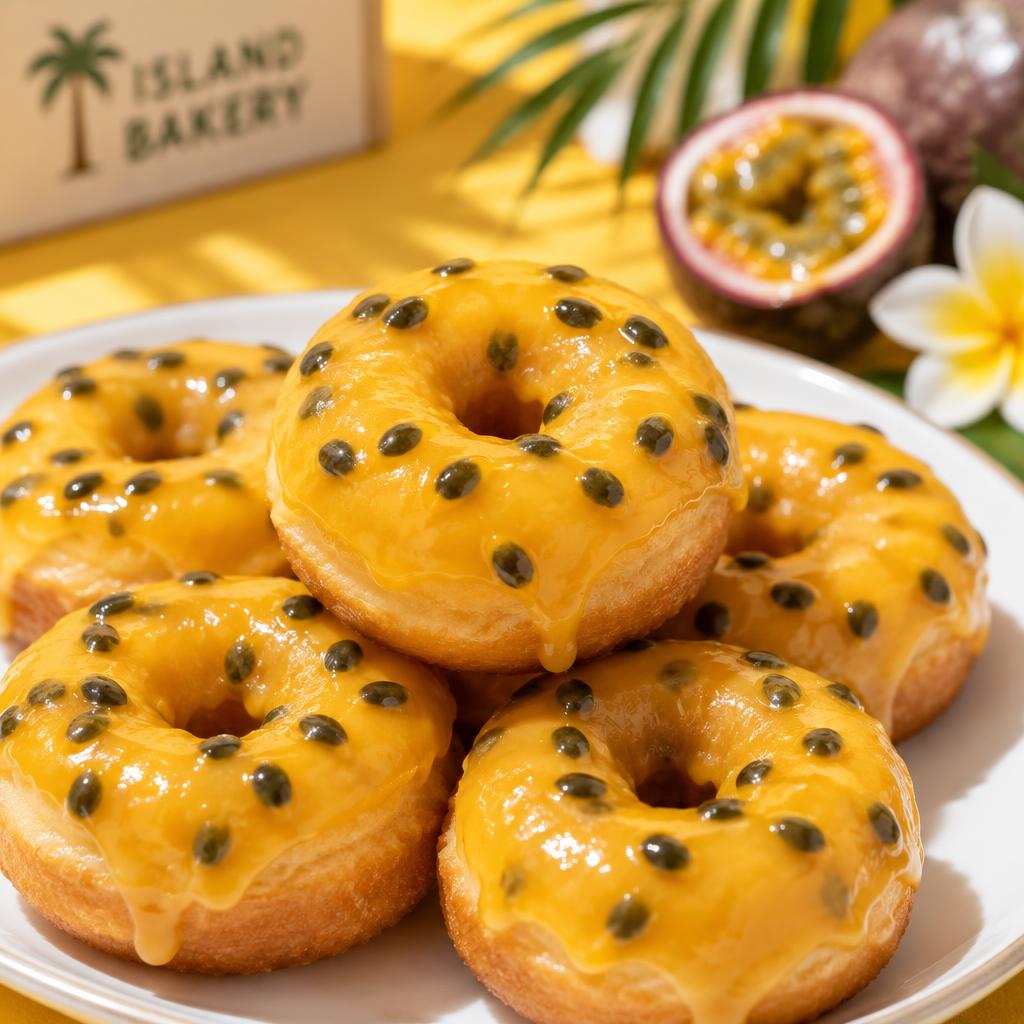 Mini donuts with golden passion fruit glaze topped with seeds