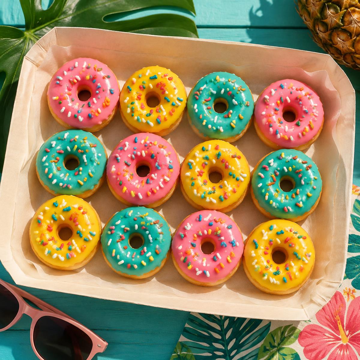 Tray of pink, yellow and teal glazed mini donuts with sprinkles